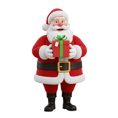 Jolly Santa Claus Character Holding a Small Wrapped Christmas Gift Box Present 3D Render