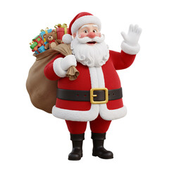 Jolly Santa Claus Character Waving and Carrying a Large Sack Full of Colorful Christmas Gifts 3D Render