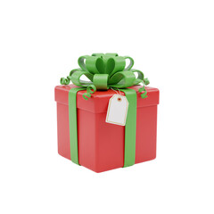 3D Render of Red Gift Box with Green Ribbon Bow and Blank White Tag