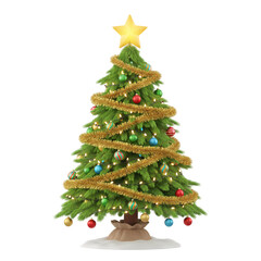 Fully Decorated Christmas Tree with Golden Tinsel Garland, Colorful Ornaments, Lights, and Star Topper 3D Render