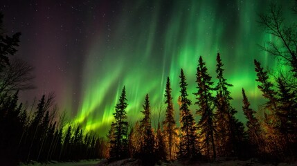 Vibrant auroras illuminate the sky above tall trees creating a magical nighttime spectacle.