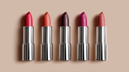 Fototapeta premium Vibrant Lipsticks Displayed in a Line with Various Shades on a Neutral Background for Beauty and Cosmetic Themes