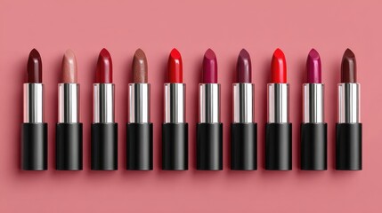 Obraz premium Assorted Lipstick Shades Displayed on Pink Background, Various Colors and Textures for Beauty and Fashion Concepts, Makeup Products for Women