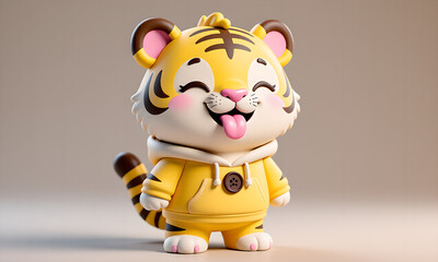 Charming 3D Tiger Character in Yellow Hoodie with Playful Tongue-Out Expression on Neutral Background