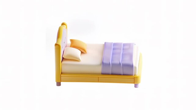 A colorful 3D animated bed design with a purple headboard and a quilted pattern.