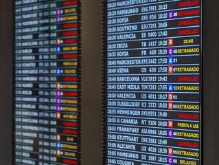Digital airport departure boards screens showing flight cancellations and delays, destinations and...