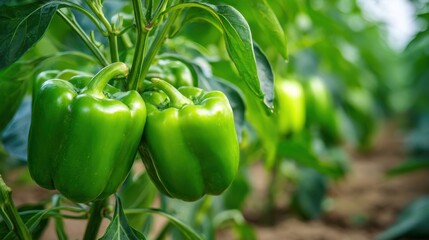 Lush green bell peppers hang in clusters on sturdy plants surrounded by rich soil and warm sunshine.