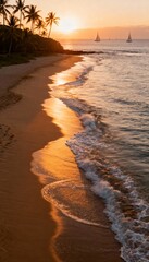 Tranquil Sunset Beach Scene with Palm Trees and Sailboats – Photo
