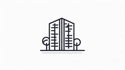 Naklejka premium A stylized minimalist line drawing of a skyscraper flanked by trees against a white backdrop