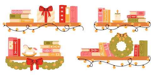 A set of Christmas shelves with books and garlands. Cute Christmas and holiday elements. Flat vector illustration. © Kateryna Moskaleno