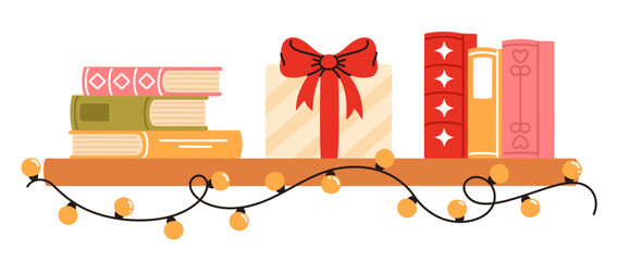 Christmas shelf with books and a gift. Flat vector illustration.