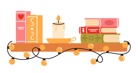 Christmas shelf with books and garland. Flat vector illustration.