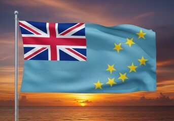 tuvaluan national flag waves majestically against vibrant sunset over ocean. symbolizing national pride, its stars and union jack feature prominently. tuvalu independence day, travel