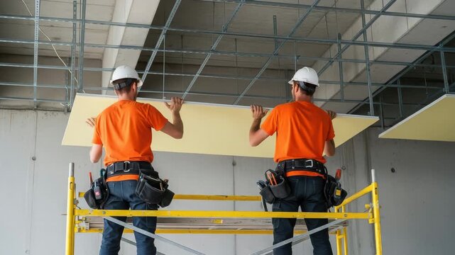 Two construction workers installing a suspended ceiling in a building under construction