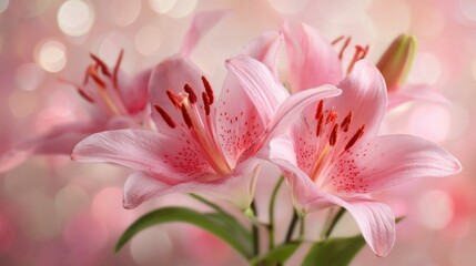 Fototapeta premium Pink lilies stand proudly their petals glowing softly in a dreamy blurred background of light.