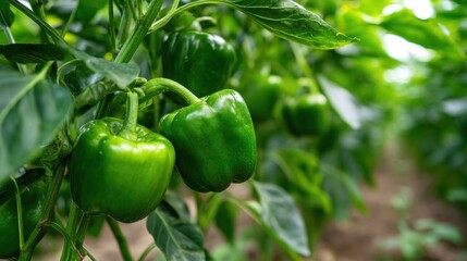Fresh green bell peppers are ripening in a vibrant garden with rich foliage around.