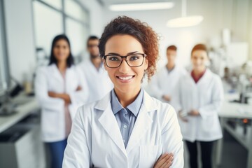 Female Scientist in Lab Coat Leading Diverse Team in a Modern Laboratory. Perfect for pharmaceutical, biotechnology, medical research, or STEM education and recruitment materials.
