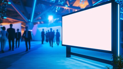 Blank Digital LED Screen at a Futuristic Business or Tech Conference Booth. Ideal for use as a mockup for product launches, corporate advertising, event signage, or digital marketing concepts.