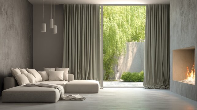Modern living room interior with neutral tones and large window