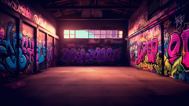 Dark Abandoned Warehouse Interior Covered in Colorful Street Art and Graffiti at Night. Ideal for urban youth culture, hip-hop, fashion, music promotion, or background for grunge and urban themes.
