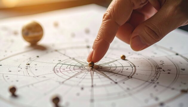 Hand Pointing Towards Center Of Astrological Chart On White Paper With Small Globes And Brown Background