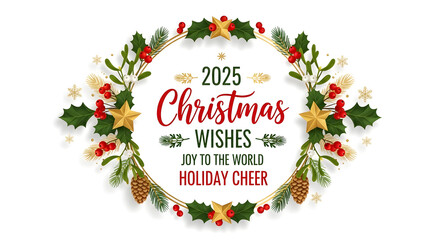 Golden Stars and Holly on a Festive Christmas Wreath