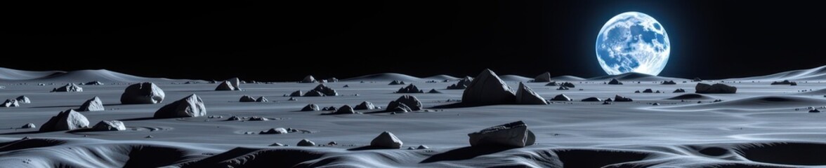 Earthrise over lunar landscape, serene blue marble against black void, earth, astronomy