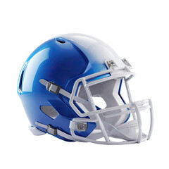 Naklejka premium Glossy blue and white football helmet, angled view, showcasing modern design and protective facemask