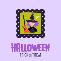 Halloween Witch Frame Greeting Card. Vector Illustration of Hand Drawn Doodle 31 October Holiday. Wall Background. Trick or Treat.