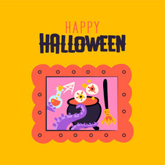 Witch Cauldron Potion Happy Halloween Picture. Vector Illustration of Hand Drawn Doodle 31 October Holiday. Greeting Wall Background. Trick or Treat. Eyeballs