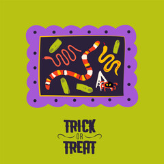 Snakes and Zombie Fingers. Happy Halloween Picture Postcard. Vector Illustration of Hand Drawn Doodle 31 October Holiday. Greeting Wall Background. Trick or Treat.