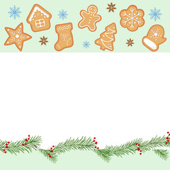 Festive Christmas cookies border with gingerbread, snowflakes, and fir branches on light green background. For greeting cards, invitations, menu kids, and winter digital designs.