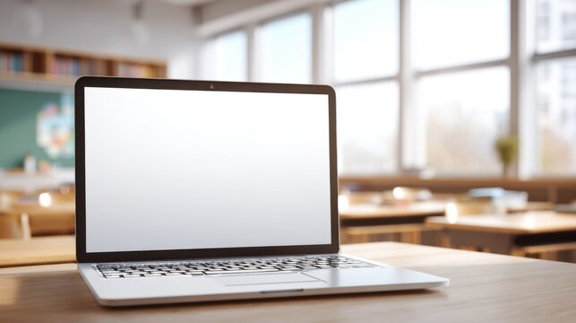 A clean laptop sits on a wooden desk in a sunny classroom filled with natural light.