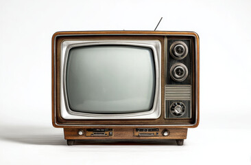 Vintage television with blank screen and wooden frame evokes nostalgia on white background