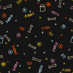 Happy Halloween Trick or Treat Seamless Pattern. Vector Illustration of Hand Drawn Doodle 31 October Holiday. Greeting Background. Spider Candy Eyeball Ghost and Bone.