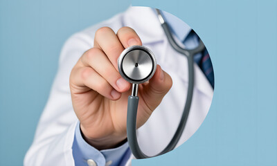 Close-up of medical doctor holding stethoscope, providing healthcare and professional medical check-up.