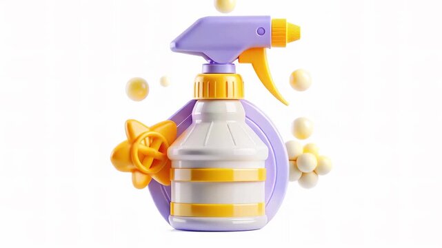 A colorful spray bottle against a white background with bubbles around it.