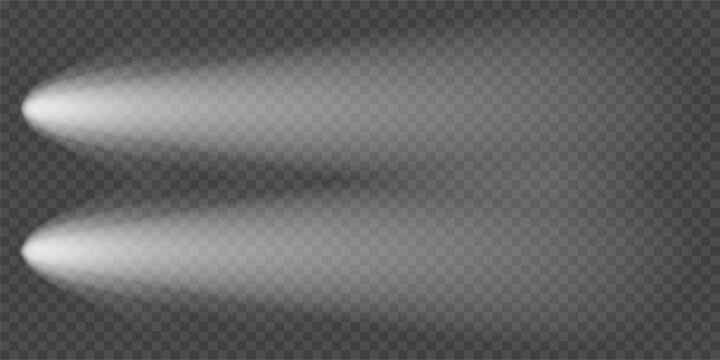 Lighthouse camera light, Car headlight top view. Motorcycle front flashlight flare, png overlay. White beacon beam effect, vector. Night street vehicle led spots isolated. Speed fog road truck aerial