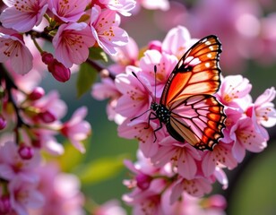 Naklejka premium Delicate pink sakura blossoms gently embrace a vibrant butterfly, its wings adorned with intricate patterns, insect wings, garden, soft