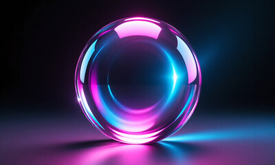 Vibrant transparent sphere glowing with neon pink and blue light on a dark background