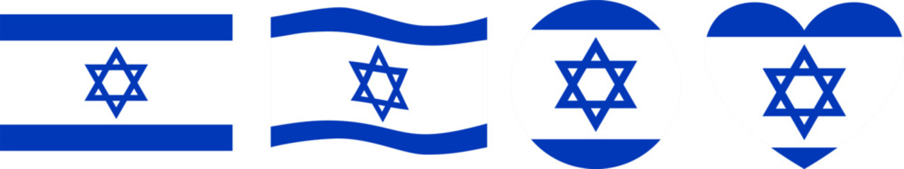 A diverse collection of vector icons of the flag of Israel in four distinct shapes, including rectangular, waving, circular, and heart,