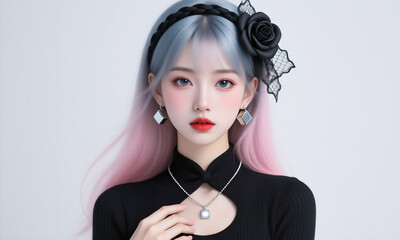 Captivating Young East Asian Woman with Gradient Blue-Pink Hair Posing Elegantly in a Bright Studio.