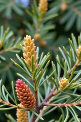 Fototapeta premium Soft, delicate European Larch needles and mature seed cones against a blurred background, brown, seeds