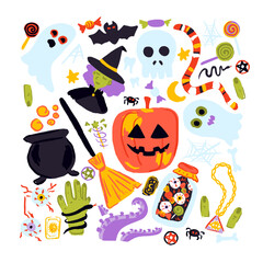 Halloween Sketch Set over White Background. Vector Illustration of Hand Drawn Doodle 31 October Holiday. Trick or Treat. Jack o Lantern Witch Skull.