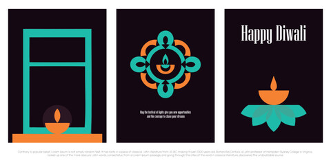 Set of three modern, vertical Happy Diwali greetings featuring abstract geometric illustrations of a diya in a window, a decorative mandala, and a diya in a teal lotus flower. © shirish