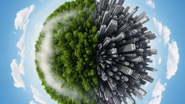 Conceptual image of planet divided between lush green forest and modern city, representing environmental contrast