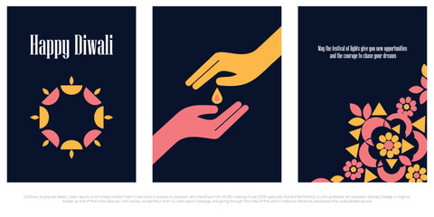 Set of three modern, vertical Happy Diwali greetings featuring abstract geometric diya circle, light drop in hands, and detailed traditional floral motif on a dark blue background. © shirish