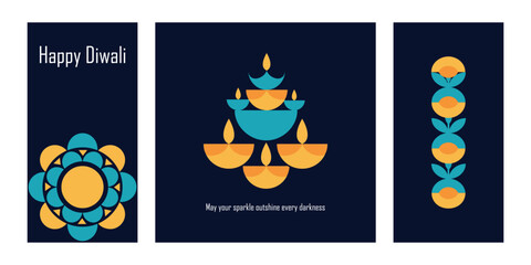 Set of three modern, vertical Happy Diwali greetings featuring abstract geometric floral motifs, a stacked diya arrangement, and a decorative pattern on a dark blue background.
