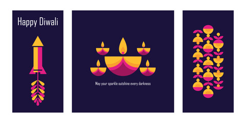 Set of three modern, vertical Happy Diwali greetings featuring abstract geometric firecracker, central diya lamp arrangement, and a festive pattern on a dark indigo background. © shirish