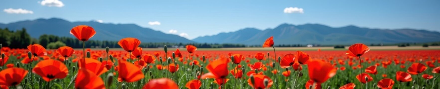 Vibrant red poppy field stretches to distant, majestic mountains under a clear sky, scenery, tranquil, hills